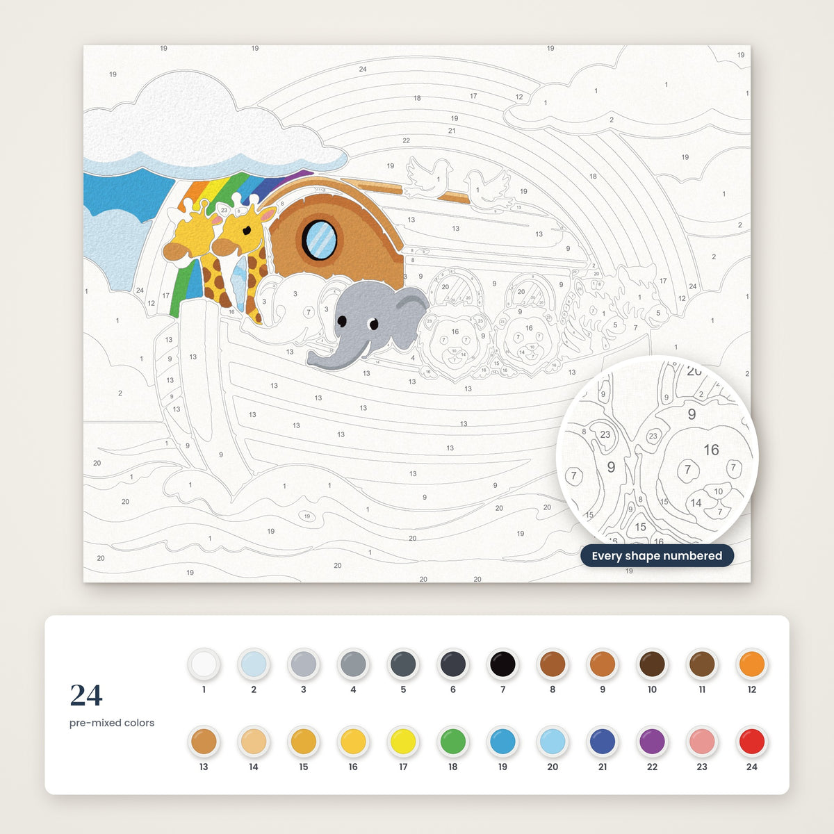 Noah's Ark numbered canvas, half painted, with the 24 numbered paint colors