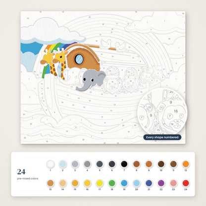 Noah's Ark numbered canvas, half painted, with the 24 numbered paint colors