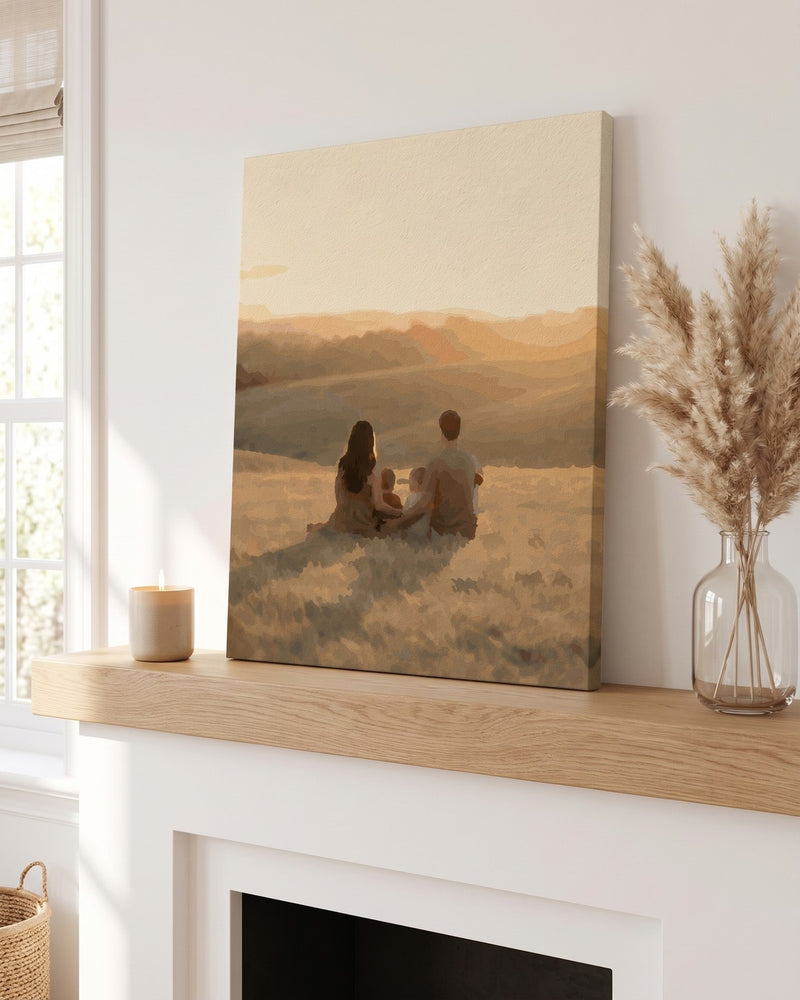 Custom family painting on a mantel