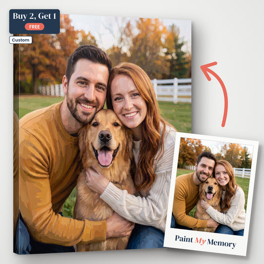 Custom paint by numbers kit made from your photo: couple with their dog, photo turned into a painting