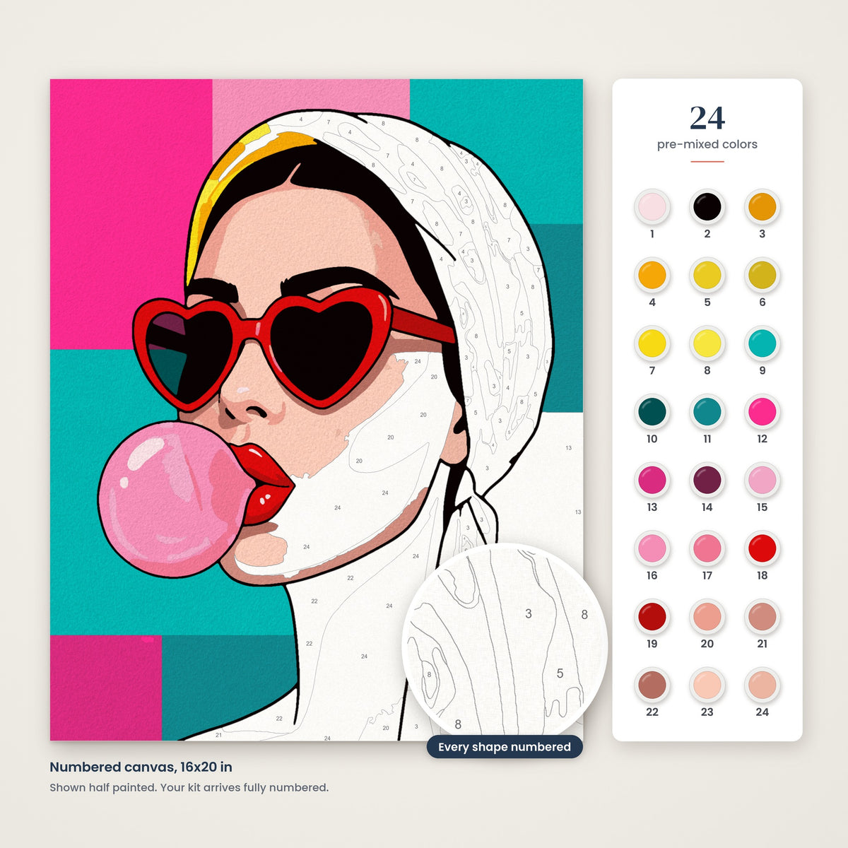 Pop Art Sunglasses numbered canvas, half painted, with the 24 numbered paint colors