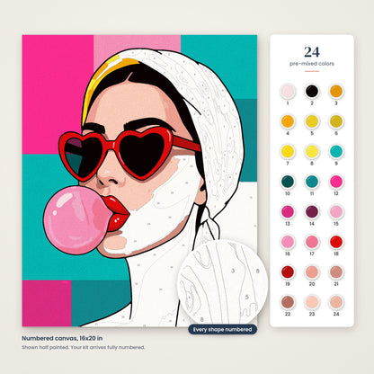 Pop Art Sunglasses numbered canvas, half painted, with the 24 numbered paint colors