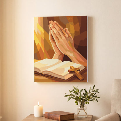 Praying Hands paint by numbers, finished and hung on the wall