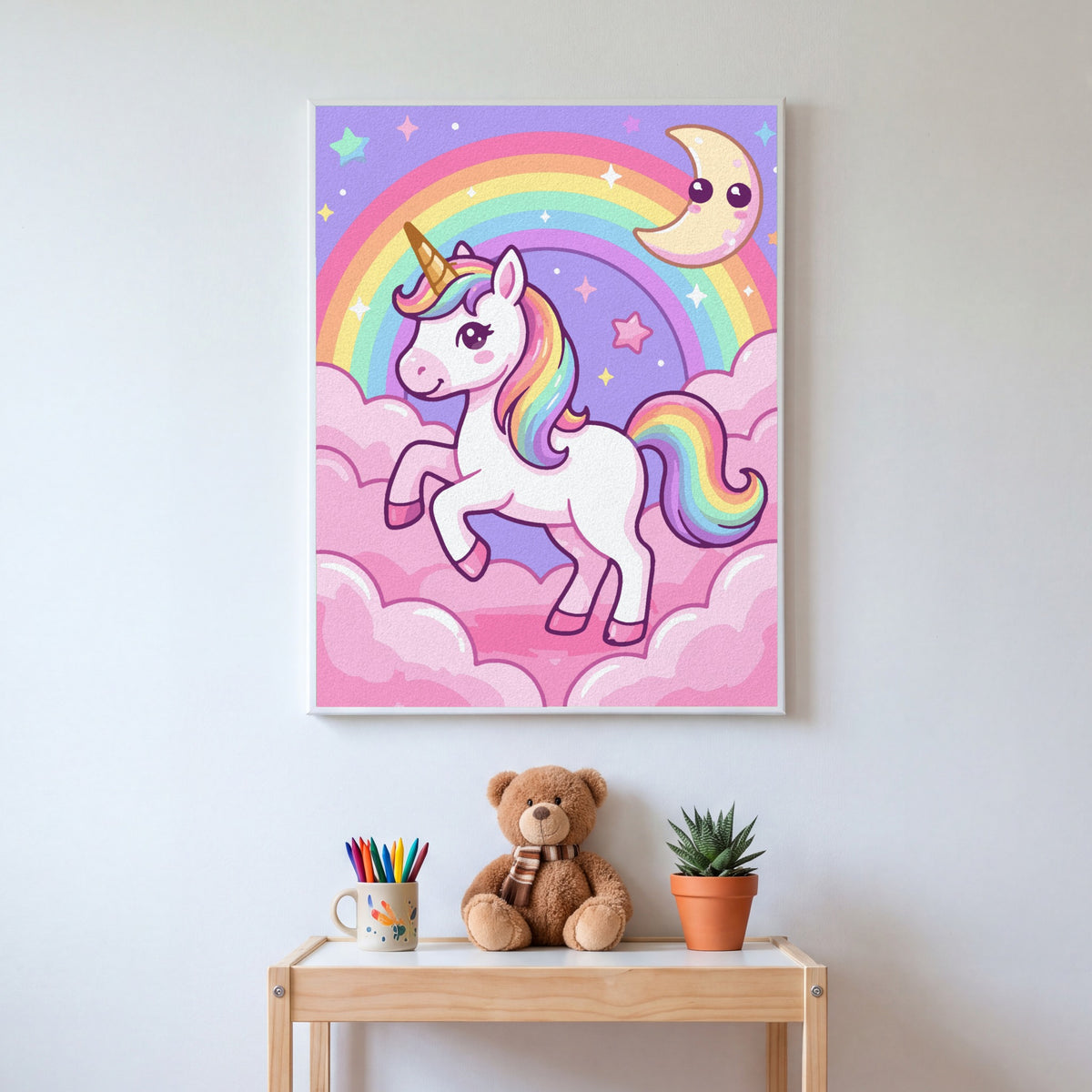 Rainbow Unicorn paint by numbers, finished and hung on the wall