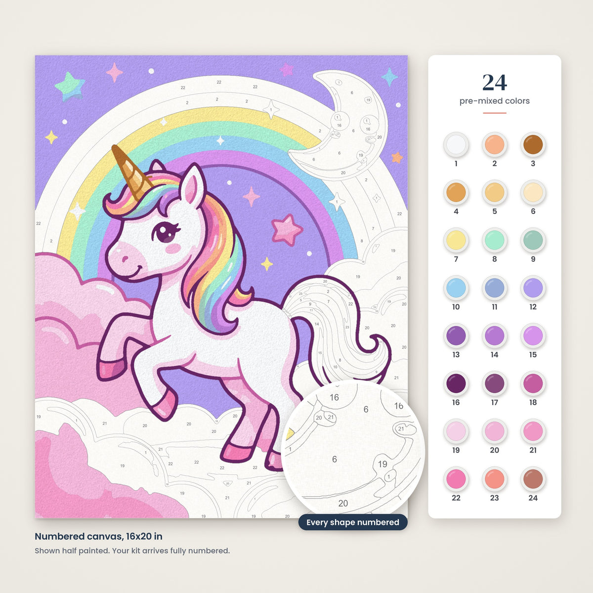 Rainbow Unicorn numbered canvas, half painted, with the 24 numbered paint colors