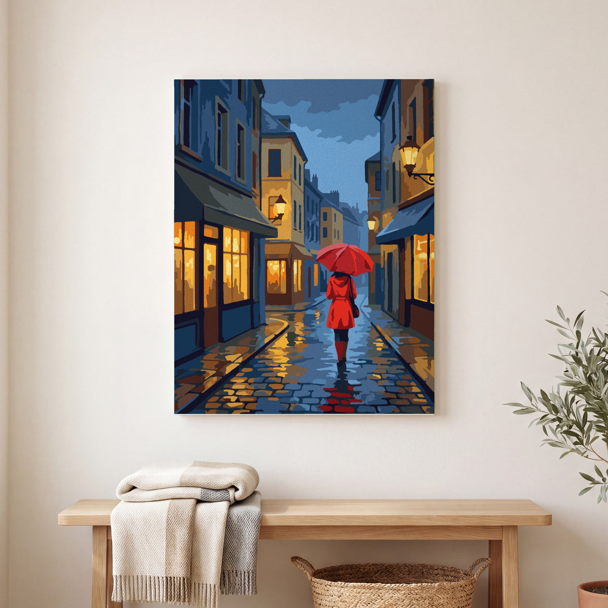 Rainy Street, Red Umbrella paint by numbers, finished and hung on the wall