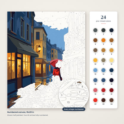 Rainy Street, Red Umbrella numbered canvas, half painted, with the 24 numbered paint colors