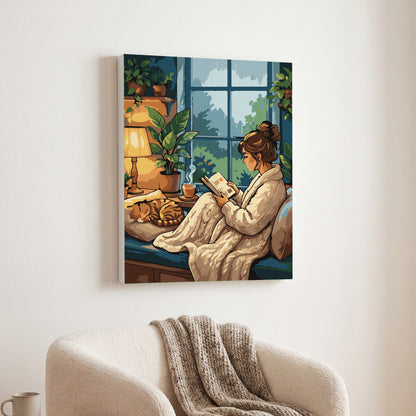 Reading by the Window paint by numbers, finished and hung on the wall