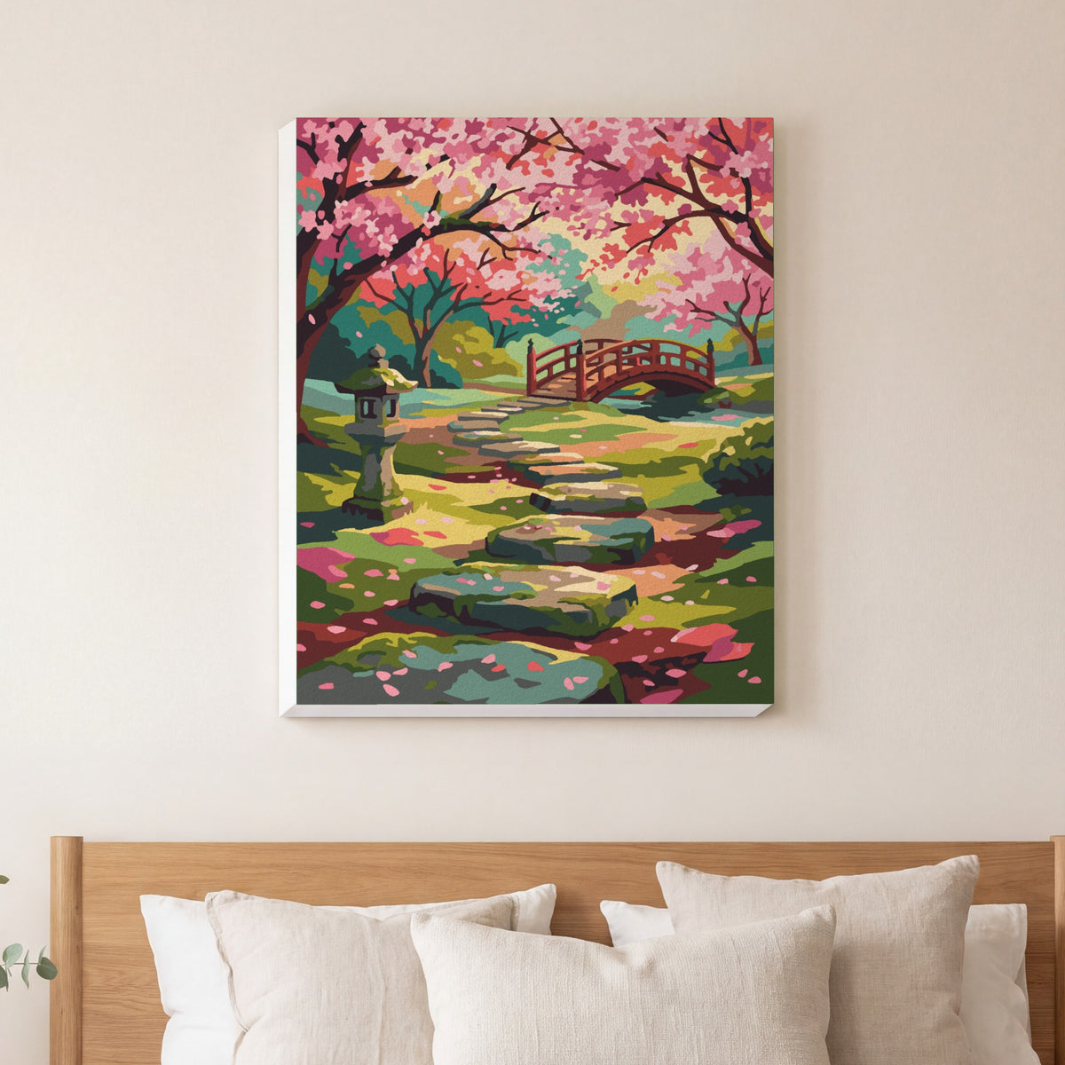 Sakura Stone Path paint by numbers, finished and hung on the wall