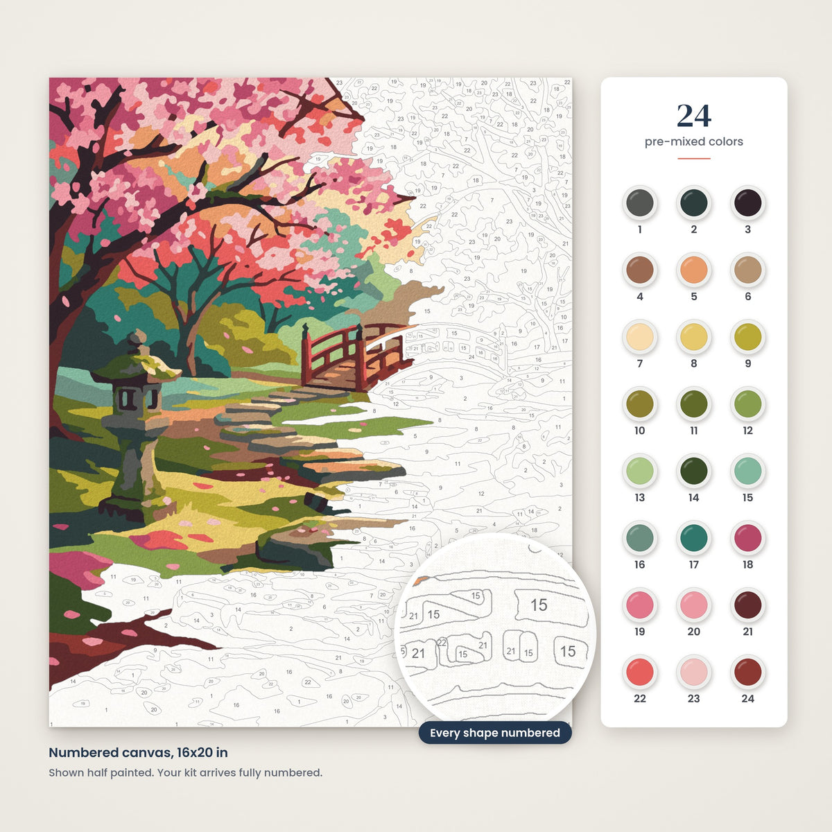 Sakura Stone Path numbered canvas, half painted, with the 24 numbered paint colors