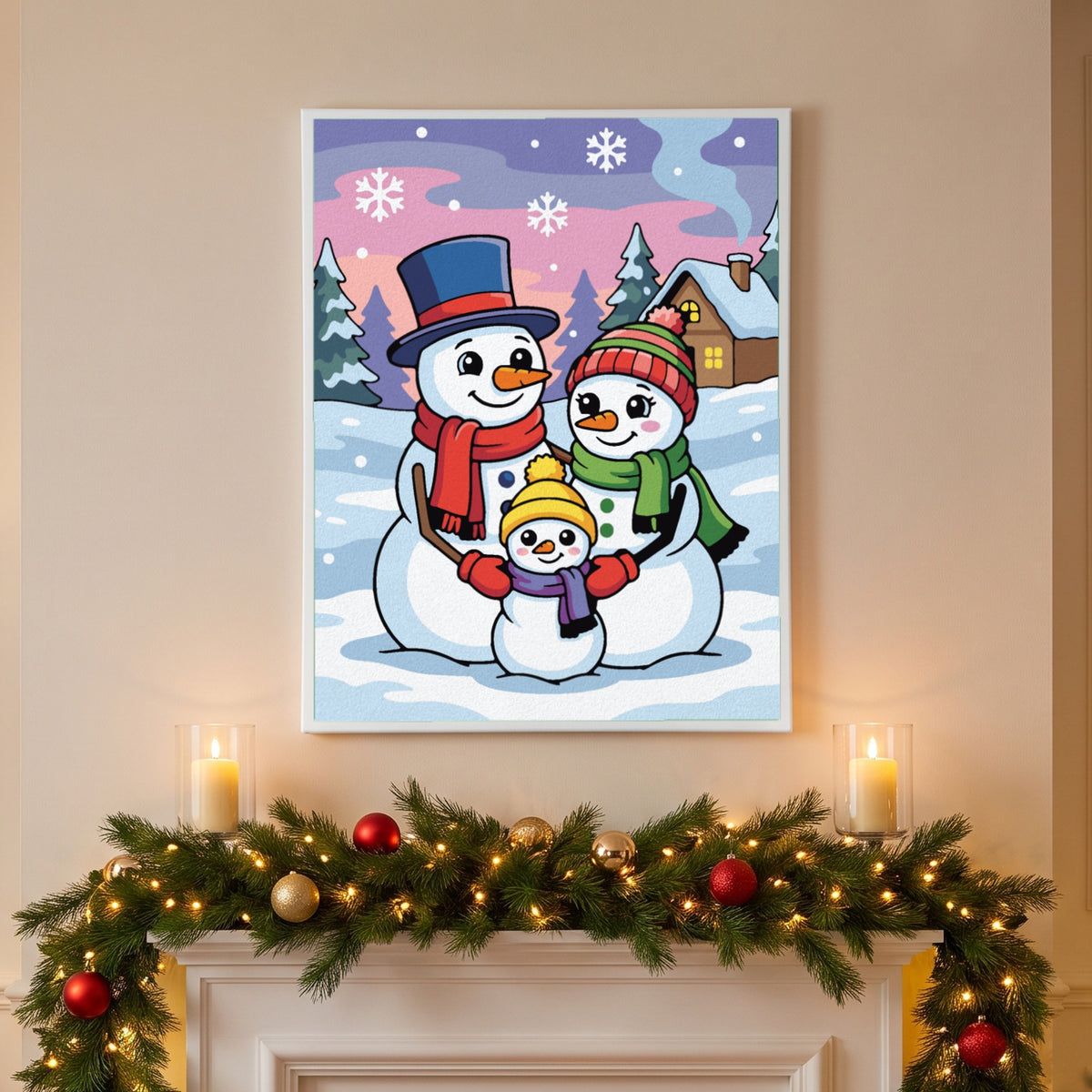 Snowman Family paint by numbers, finished and hung on the wall