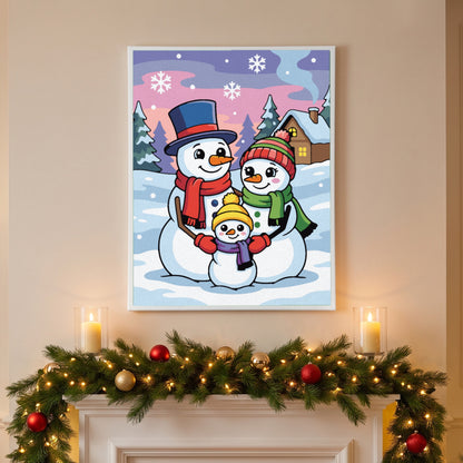 Snowman Family paint by numbers, finished and hung on the wall