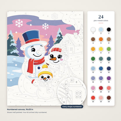 Snowman Family numbered canvas, half painted, with the 24 numbered paint colors