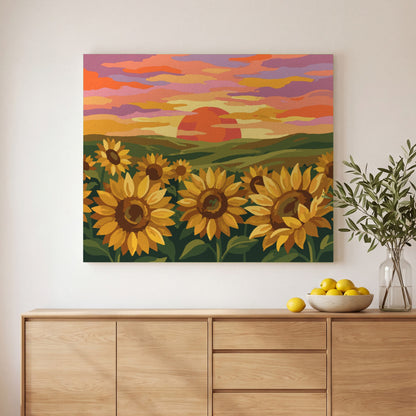 Sunflower Field at Sunset paint by numbers, finished and hung on the wall
