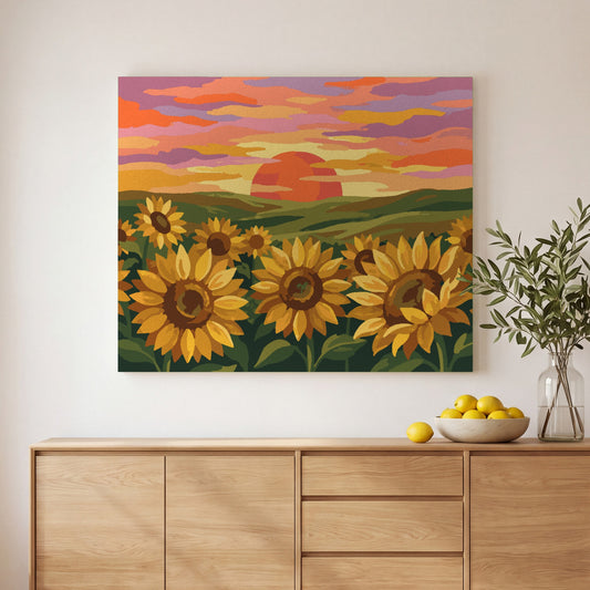 Sunflower Field at Sunset paint by numbers, finished and hung on the wall