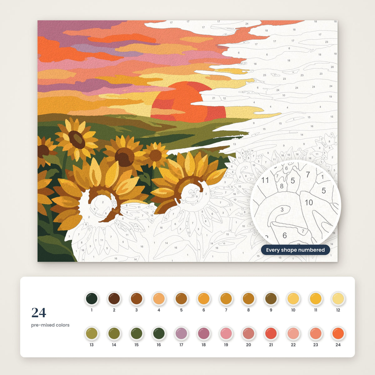 Sunflower Field at Sunset numbered canvas, half painted, with the 24 numbered paint colors