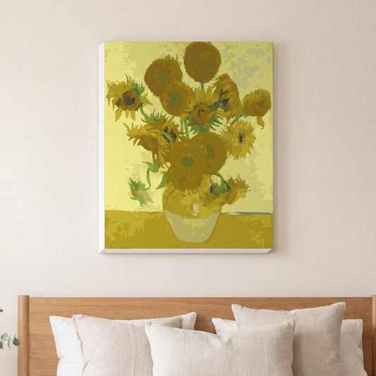 Sunflowers (Van Gogh) paint by numbers, finished and hung on the wall