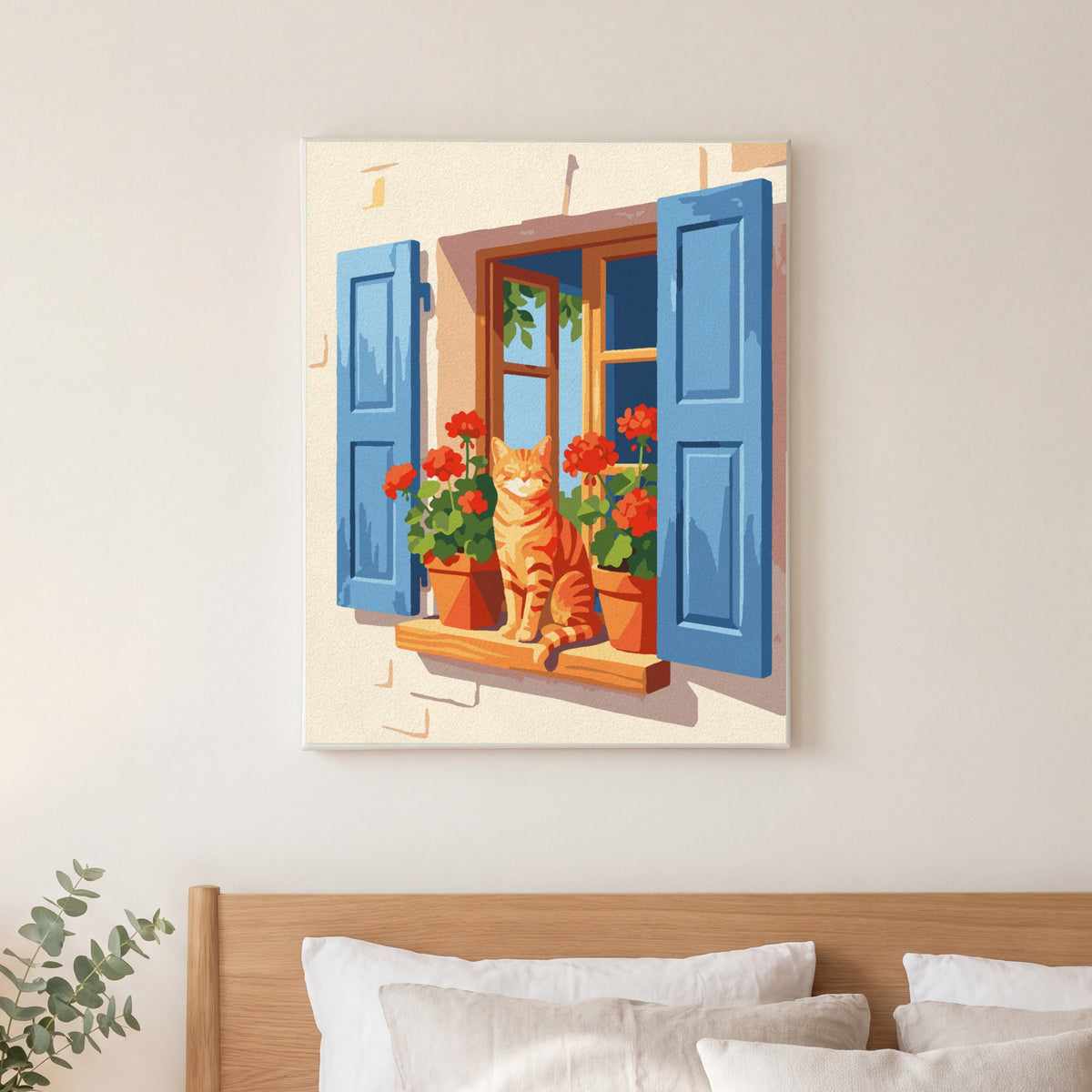 Sunny Window Cat paint by numbers, finished and hung in a bedroom