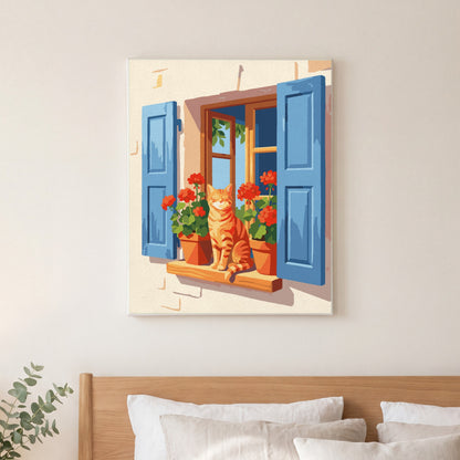Sunny Window Cat paint by numbers, finished and hung in a bedroom