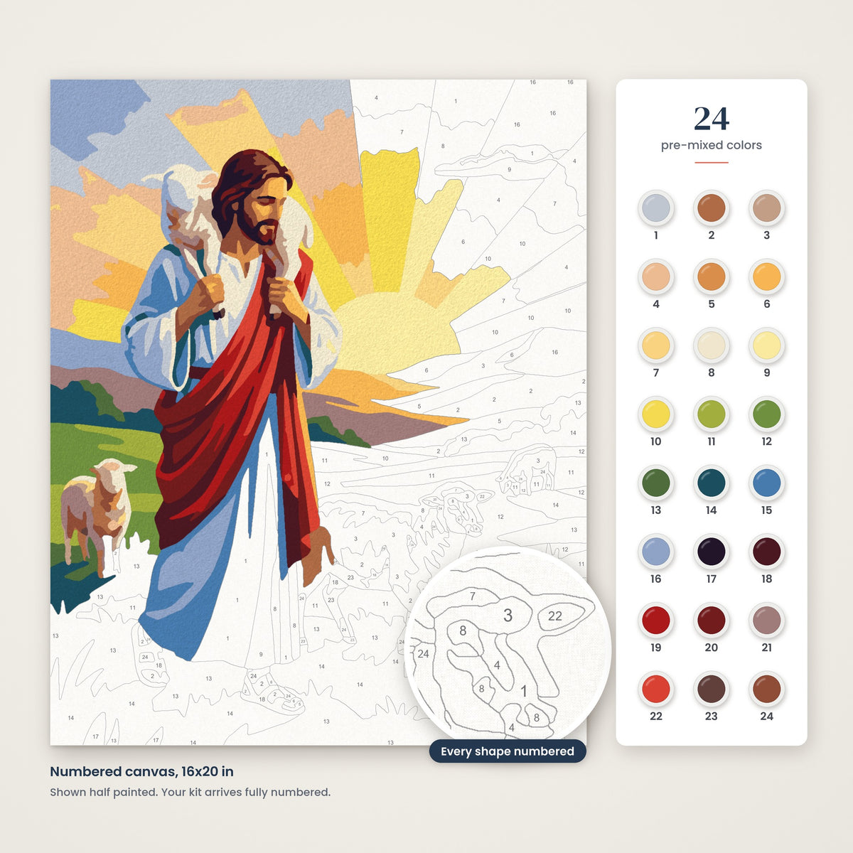 The Good Shepherd numbered canvas, half painted, with the 24 numbered paint colors