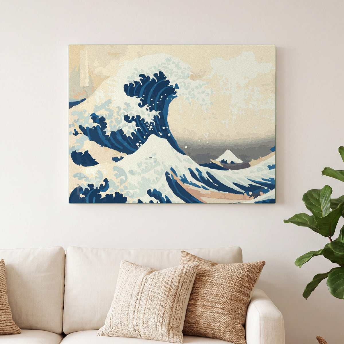 The Great Wave (Hokusai) paint by numbers, finished and hung on the wall