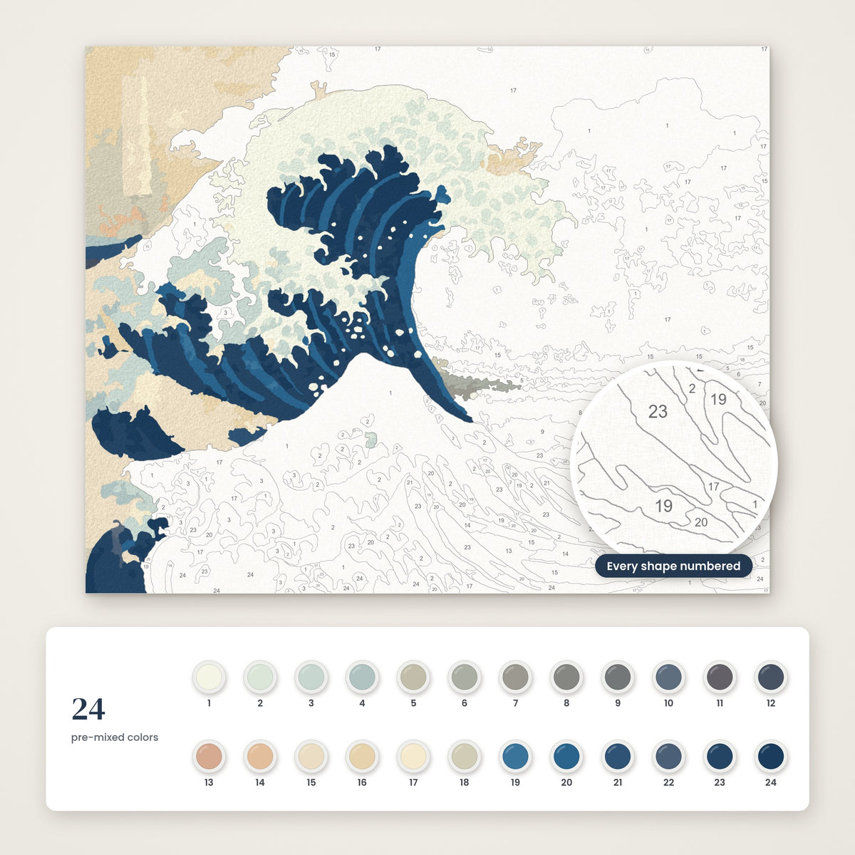 The Great Wave (Hokusai) numbered canvas, half painted, with the 24 numbered paint colors
