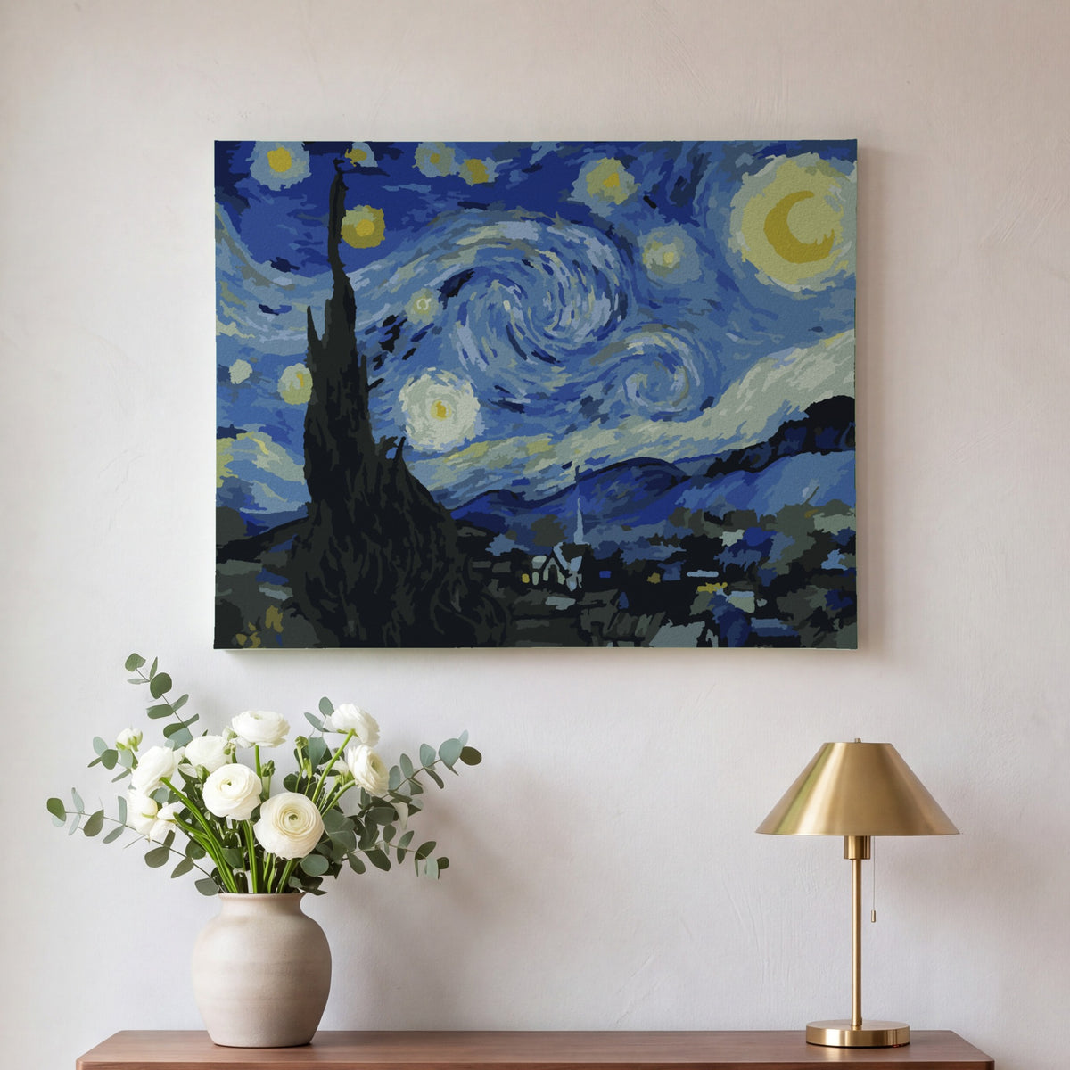 The Starry Night (Van Gogh) paint by numbers, finished and hung on the wall