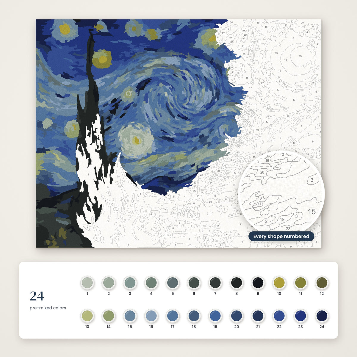 The Starry Night (Van Gogh) numbered canvas, half painted, with the 24 numbered paint colors
