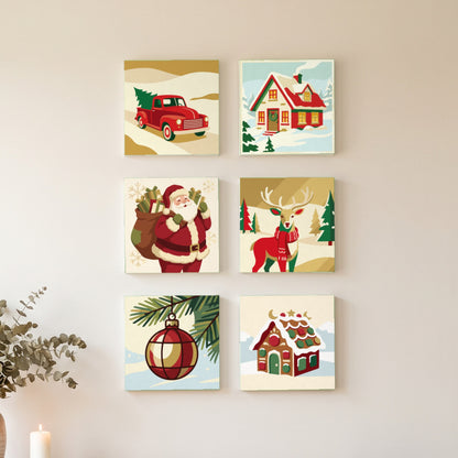 Vintage Christmas Mini Set: six finished mini paintings hung on the wall