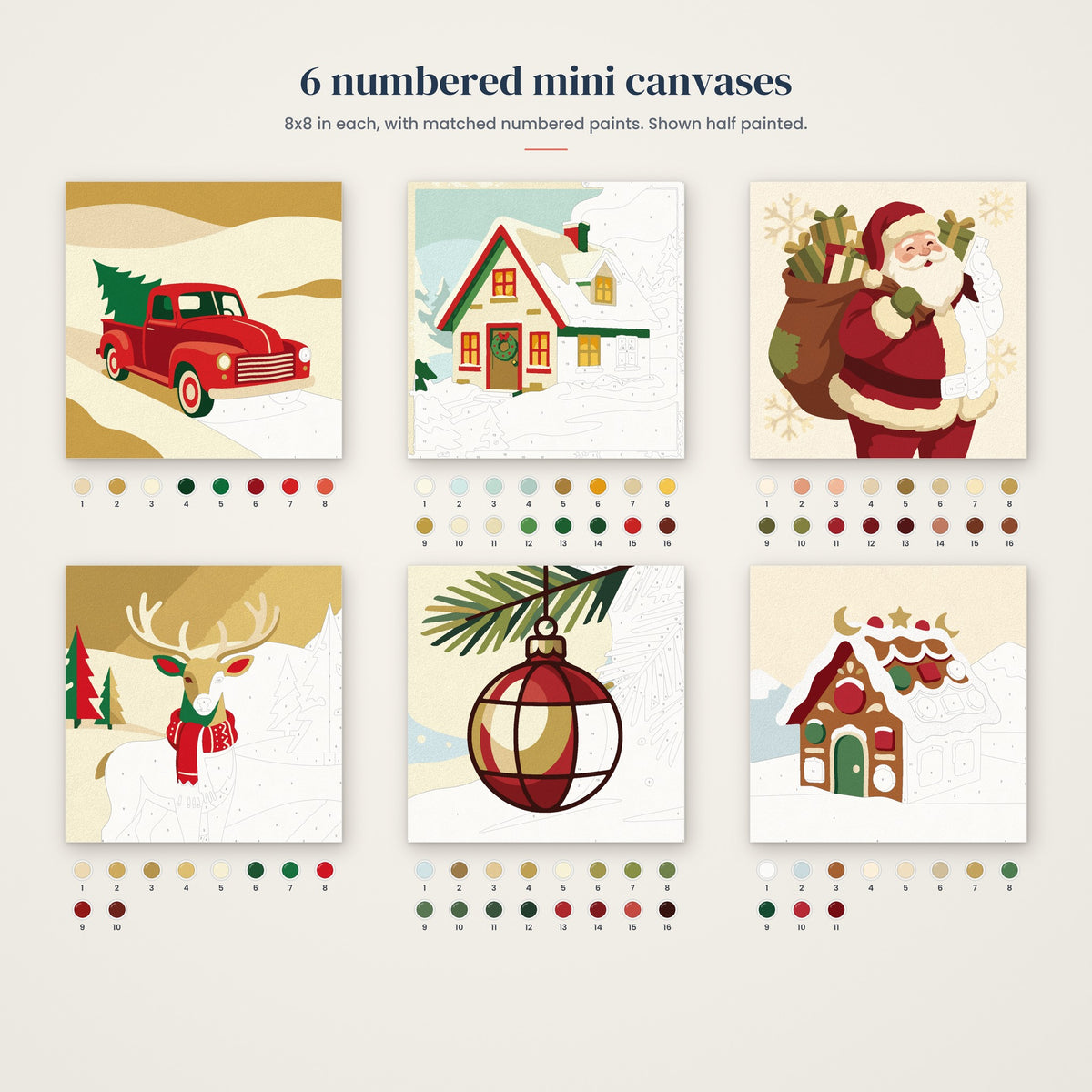 Vintage Christmas Mini Set: the six numbered mini canvases, half painted, with their numbered paints