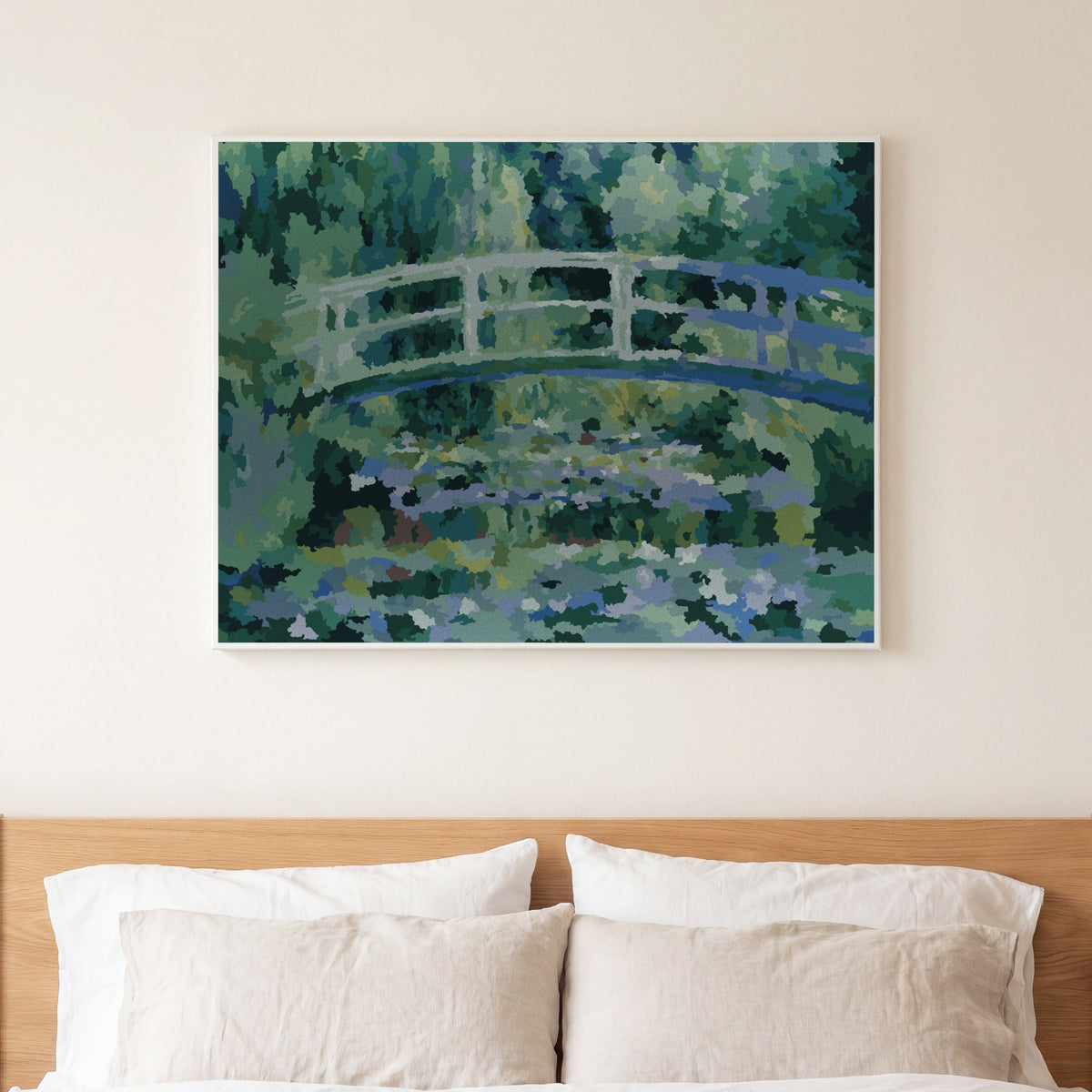 Bridge over Water Lilies (Monet) paint by numbers, finished and hung on the wall