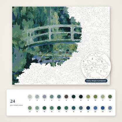 Bridge over Water Lilies (Monet) numbered canvas, half painted, with the 24 numbered paint colors