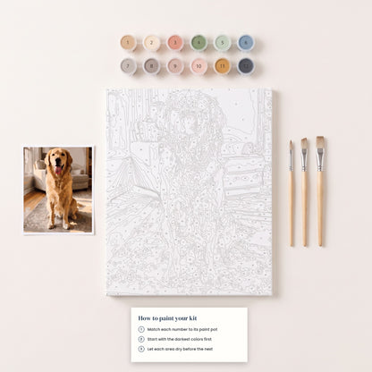 What is in the kit: numbered canvas, numbered paints, three brushes, instructions and reference print