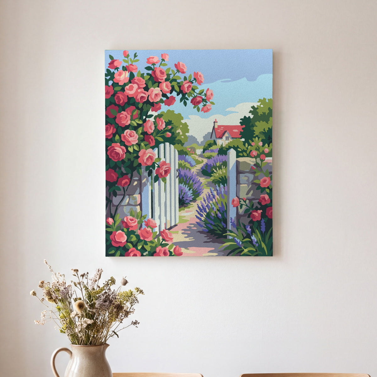 Wild Roses paint by numbers, finished and hung on the wall