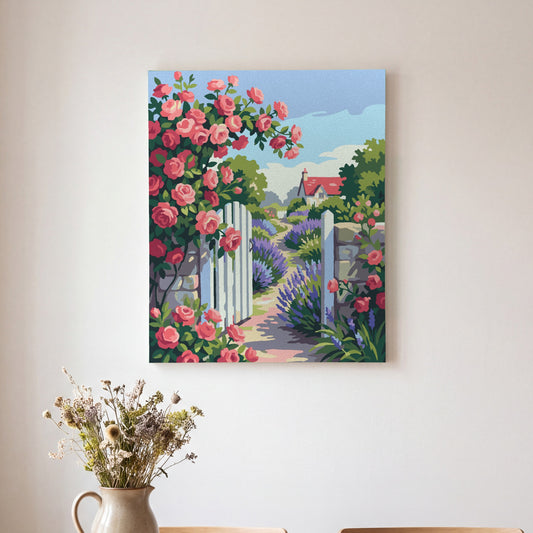 Wild Roses paint by numbers, finished and hung on the wall